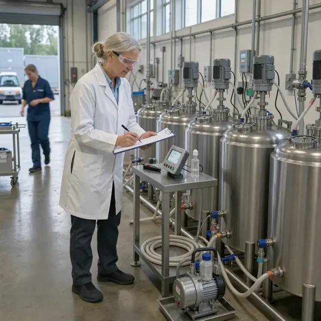 a worker in a lab coat recording numbers from a digital thermometer and humidity gauge next to a row of chemical mixing tanks