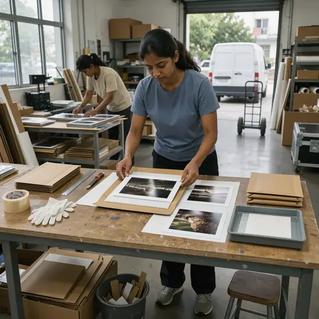 a worker carefully placing finished photographic prints into rigid mailers with foam padding on a packing table