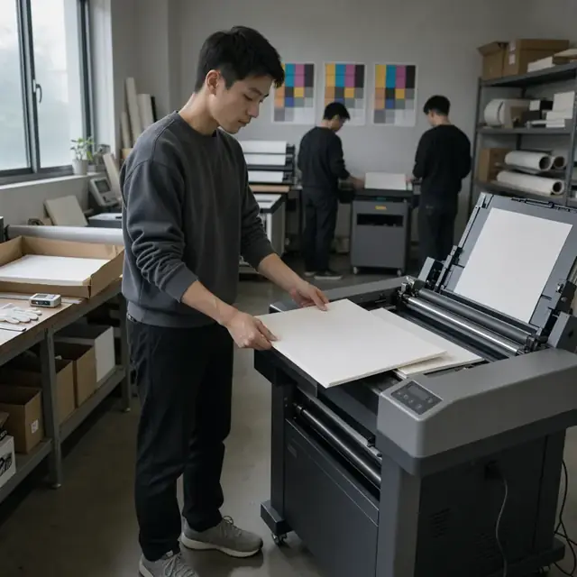 a worker loading sheets of photographic paper into a large-format printer in a dimly lit lab with color calibration charts on the wall