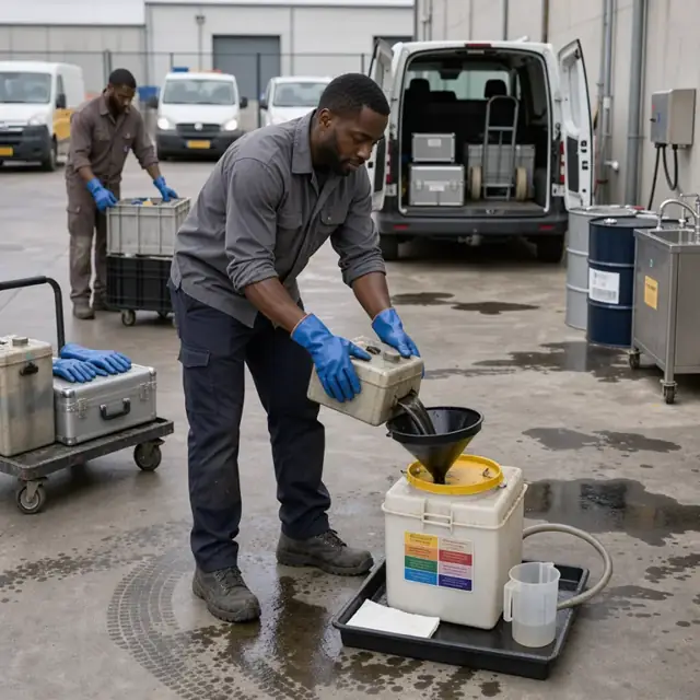 a technician in protective gloves pouring used photo chemistry from a collection tank into a labeled disposal container