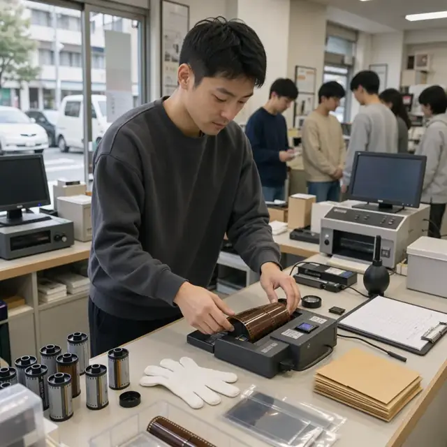 a retail counter with a worker scanning a roll of film and memory card next to a stack of empty film canisters and order envelopes