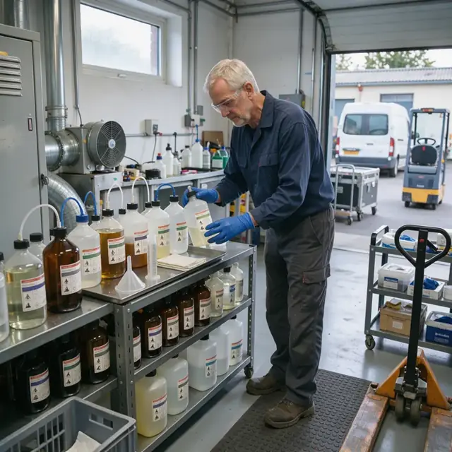 a worker in gloves checking levels of photo chemicals in labeled bottles inside a ventilated storage room