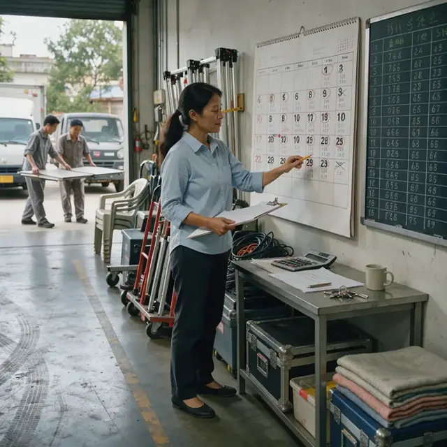 a manager reviewing a large wall calendar marked with event dates and occupancy numbers beside a pricing board
