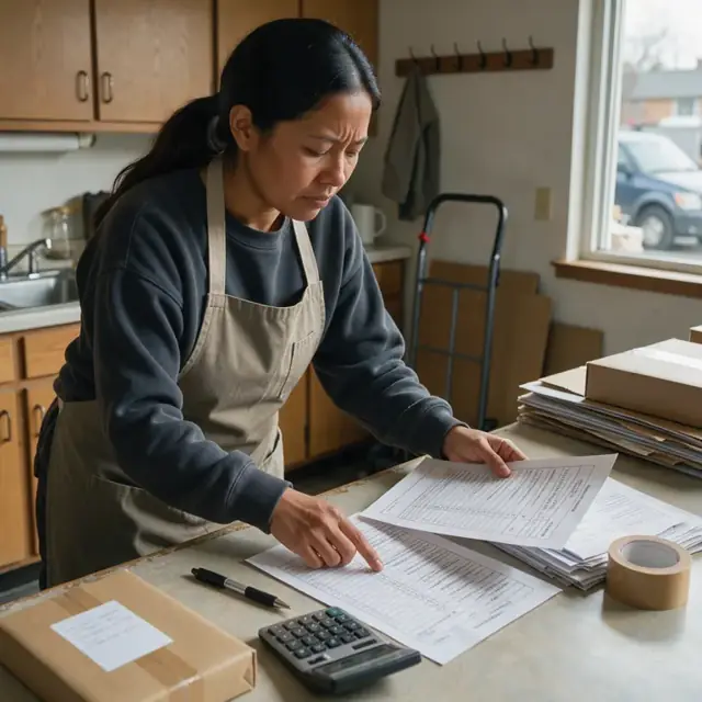 a worker reviewing a printed invoice summary and package balance sheet at a kitchen counter