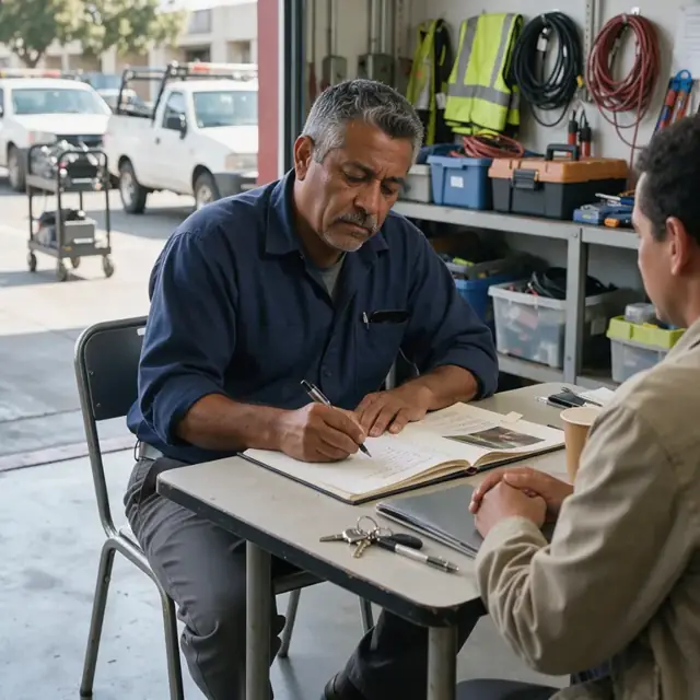 a worker writing session notes in a notebook while seated at a small table with a client file open
