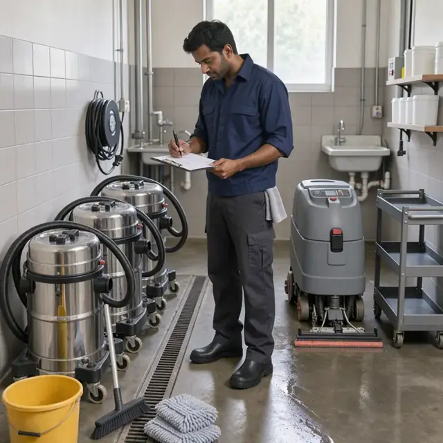 a worker checking a clipboard with a sanitation checklist next to a row of freshly cleaned equipment in a utility room