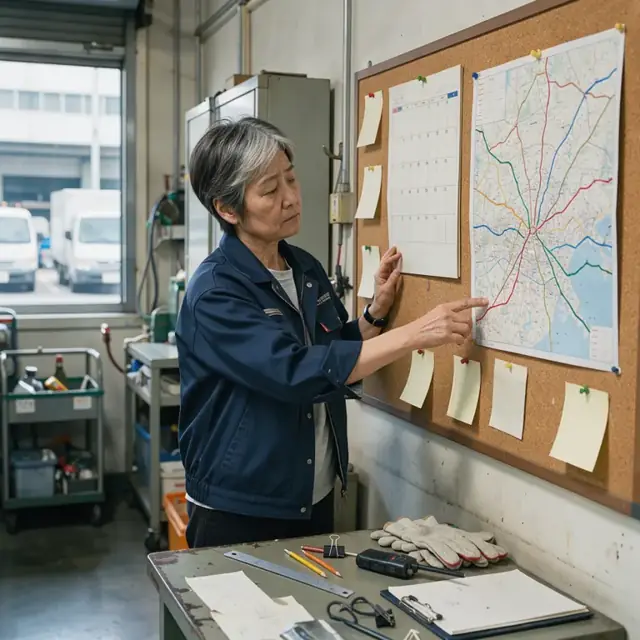 a worker studying a large wall calendar and a city map with colored route lines pinned to a corkboard