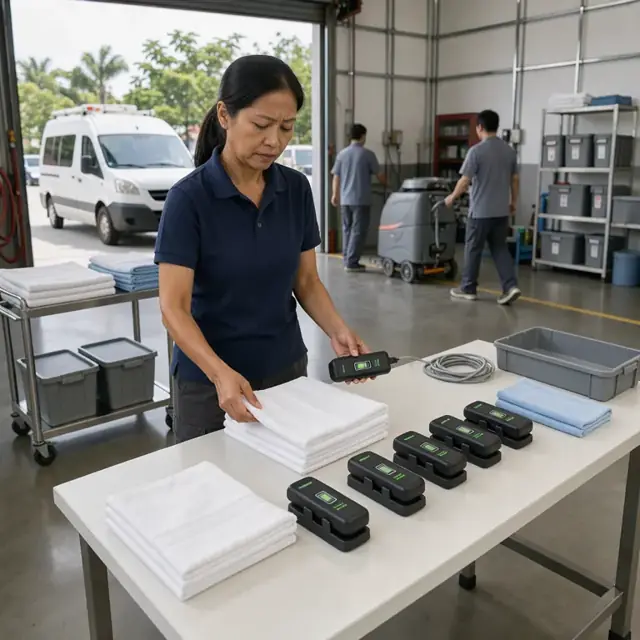 a worker counting fresh towels and checking battery charge levels on devices laid out on a clean work table