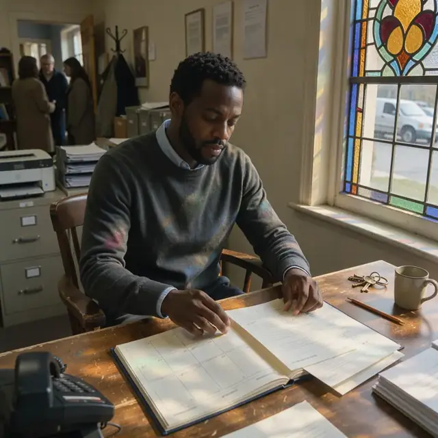 a wooden desk in a quiet church office with an open calendar book, event request forms and a set of large brass keys beside a stained glass window