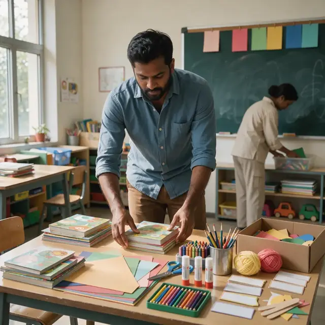 a person organizing stacks of children's books, craft supplies and name tags on a classroom table with a chalkboard behind