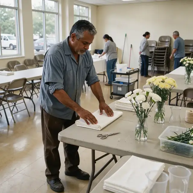 a volunteer folding white linens and arranging flower vases on a table in a church fellowship hall