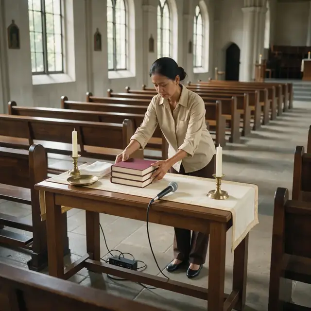 a person arranging hymnals, candles and a microphone on an altar in an empty sanctuary with morning light through tall windows
