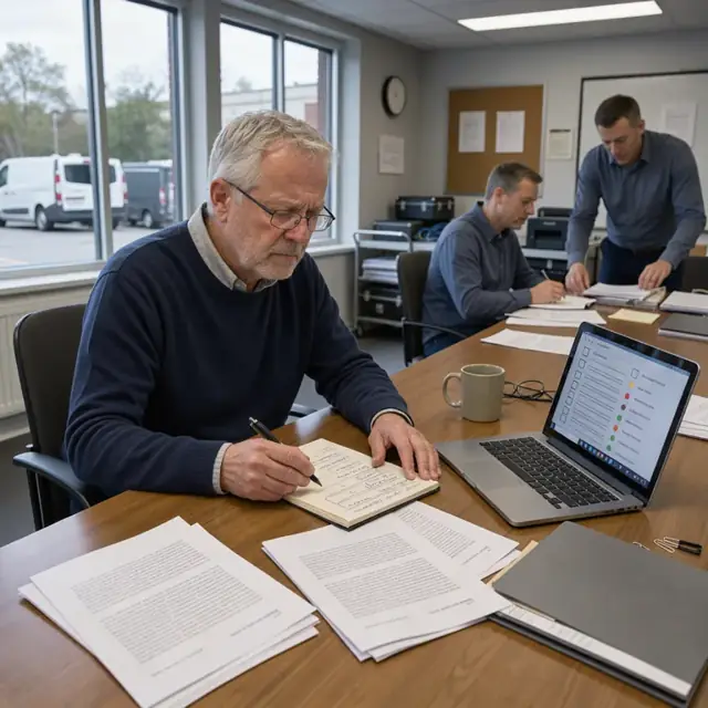a wooden conference table with printed letters of inquiry spread out next to an open laptop displaying a priority checklist and a notepad with handwritten eligibility notes
