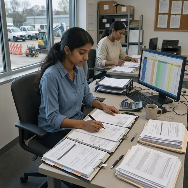 a desk with multiple open grant proposal binders, a monitor showing a colored rubric scoring spreadsheet and stacks of supporting financial statements