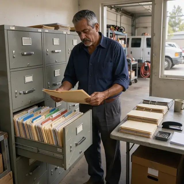 a filing cabinet open with neatly labeled folders for state registrations, tax forms and board minutes on a nearby table