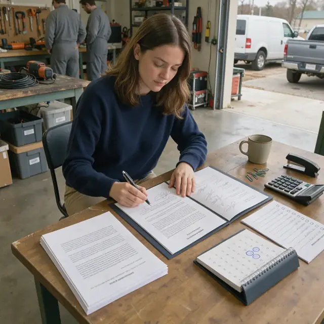 a desk with a signed grant agreement folder placed beside printed award letters, a calendar open to payment dates and a checklist of required signatures