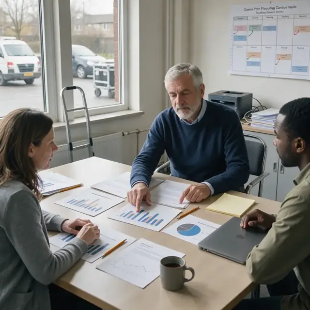 a meeting table displaying printed summary charts from prior grant cycles, a draft RFP document and a large wall calendar outlining the next funding cycle deadlines