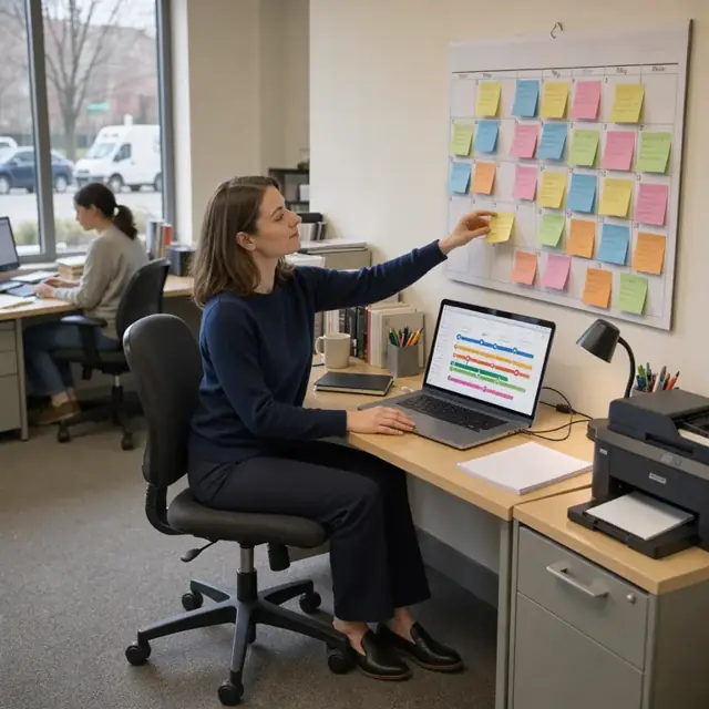a wall calendar covered in colored sticky notes next to a laptop showing a color-coded advocacy timeline in a quiet office