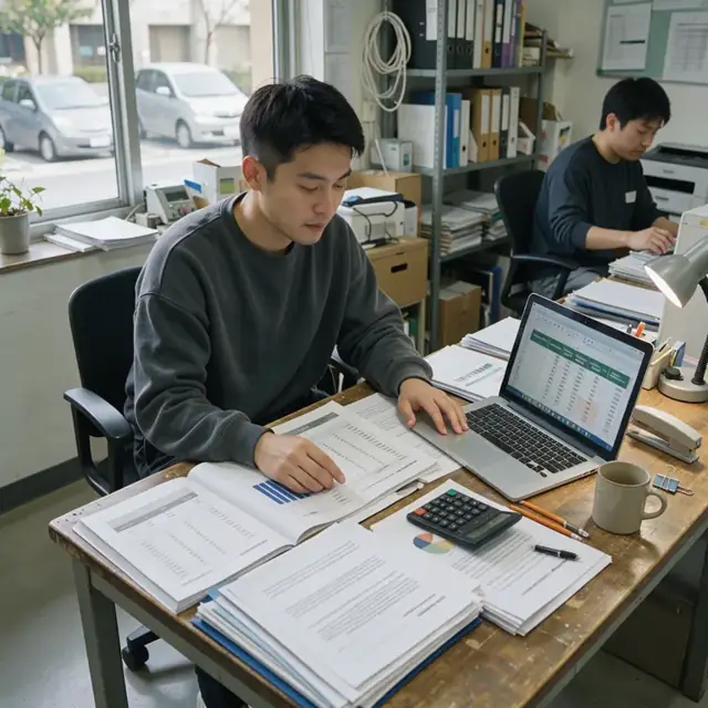 a desk stacked with open grant reports, spreadsheets and foundation guideline printouts next to a laptop showing budget tables