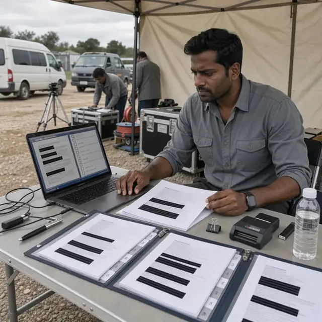 a desk with multiple secure folders open beside a laptop displaying redacted witness statements and a consent checklist