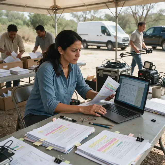a long table covered with printed research reports, highlighted source documents and a laptop displaying a formatted final draft