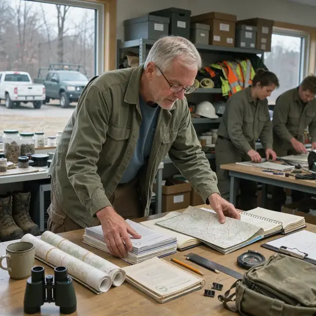 a person organizing stacks of permit documents, maps and field notebooks on a table inside a conservation office