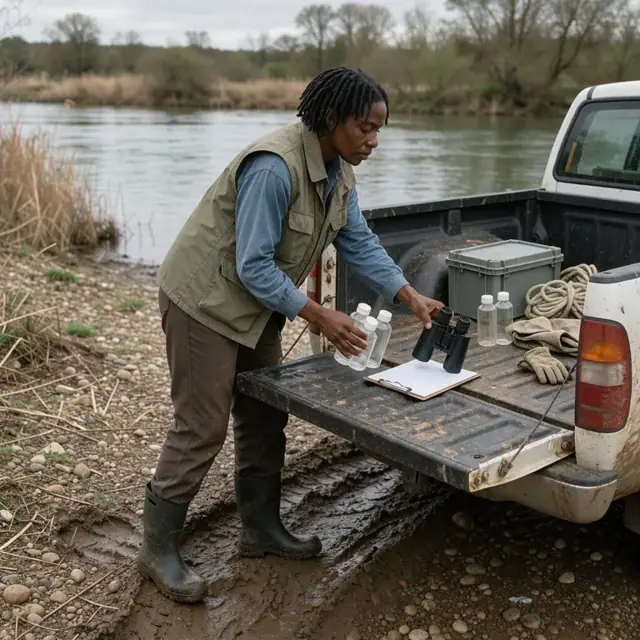 a person in field vest loading sampling bottles, binoculars and a clipboard into the back of a muddy pickup truck beside a river