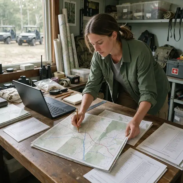 a wooden desk covered with topographic maps, species lists and grant application forms next to a laptop in a field station office