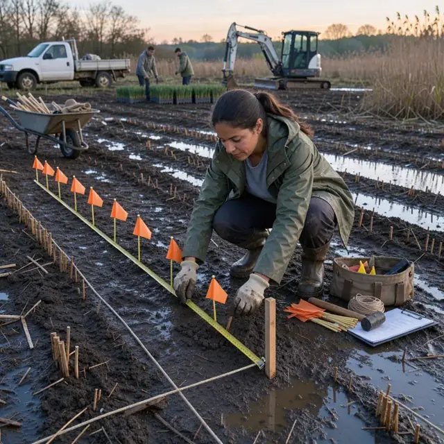a person marking out planting grids with flags and measuring tape on a cleared wetland restoration site at dawn