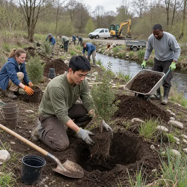 a group of volunteers in work gloves planting native shrubs along a stream bank with tools and mulch piles nearby