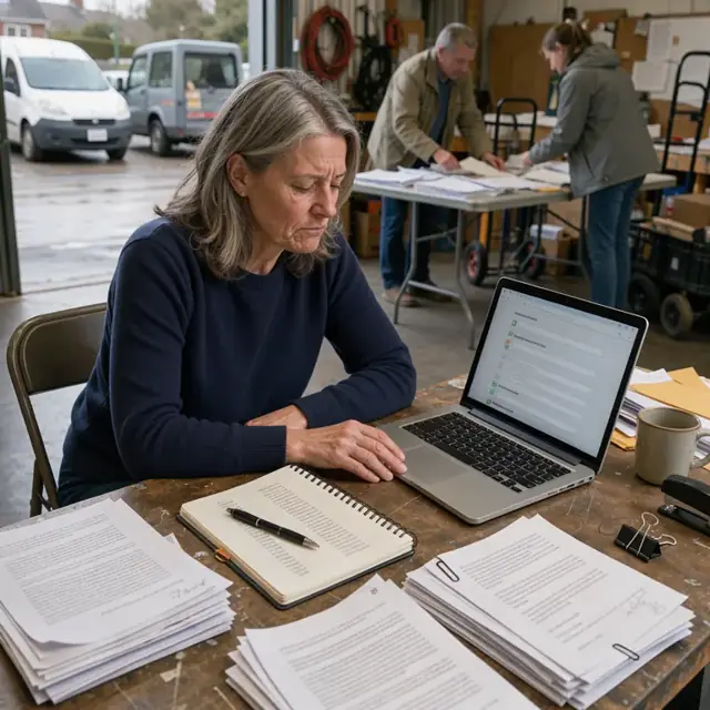 a wooden desk with a laptop open to an online petition form, stacks of printed comment letters and a notebook with supporter names
