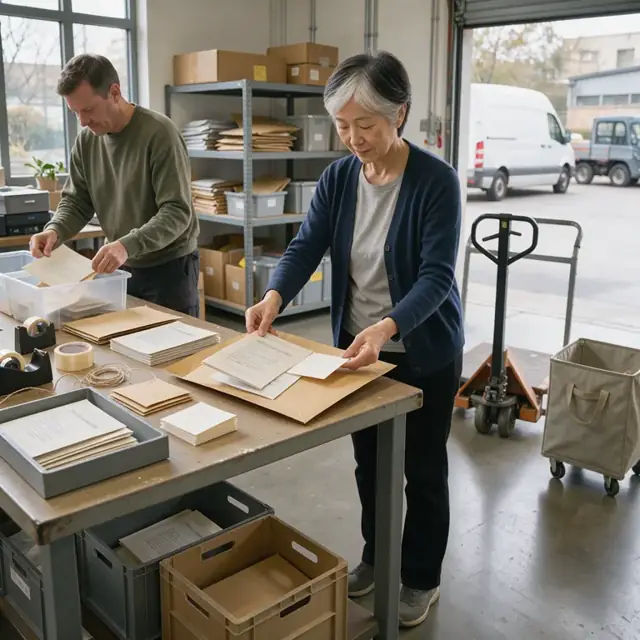 a person placing printed impact report booklets and thank you notes into large mailing envelopes on a mail sorting table