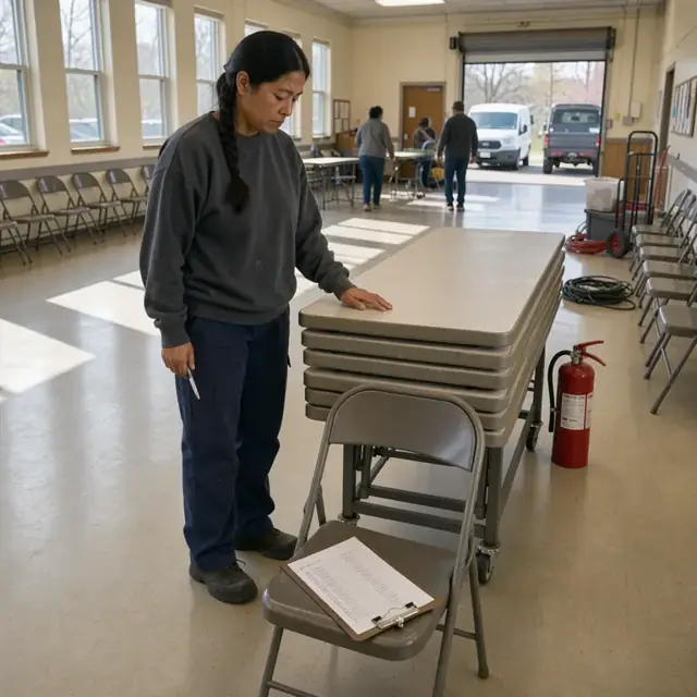 a clipboard with a checklist resting on a folding chair next to stacked folding tables and a fire extinguisher in a community hall