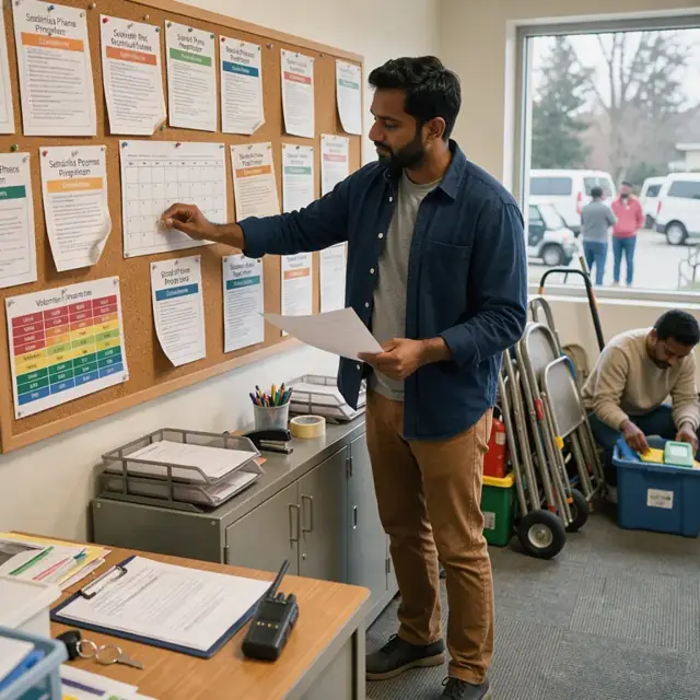 a corkboard covered with pinned seasonal program flyers, a printed calendar and color-coded volunteer needs list in a community center office