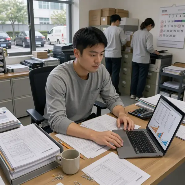 an office desk with stacked regulatory form templates, a wall calendar marked with filing deadlines and an open laptop showing a financial summary report