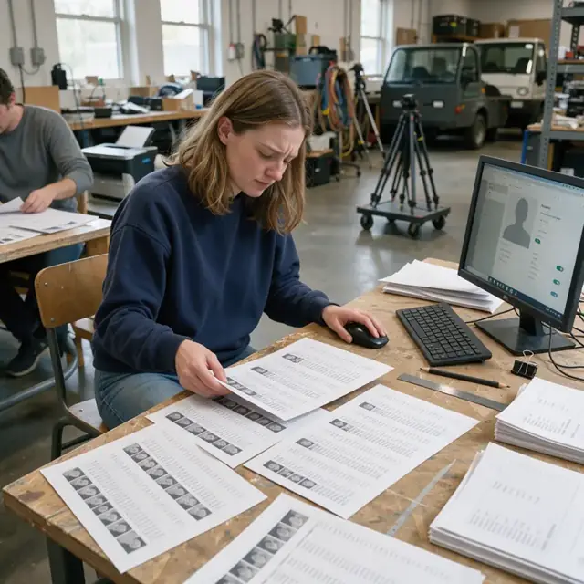 a workspace with printed directory proofs spread across a table alongside a computer screen showing member profile fields