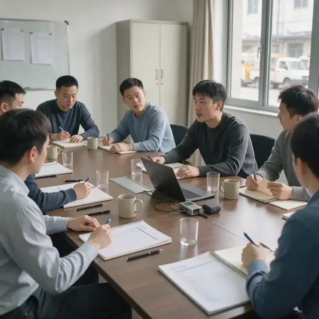 a meeting room with a long table, notepads, a laptop recording minutes, and printed agenda packets at each seat