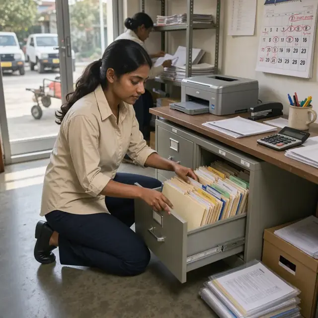 a filing cabinet open with labeled folders for bylaws insurance policies and tax forms next to a calendar marked with renewal dates