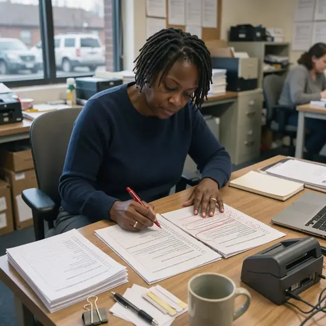 a person at a desk highlighting changes between two printed drafts of a standards document with a red pen and a stack of comment forms