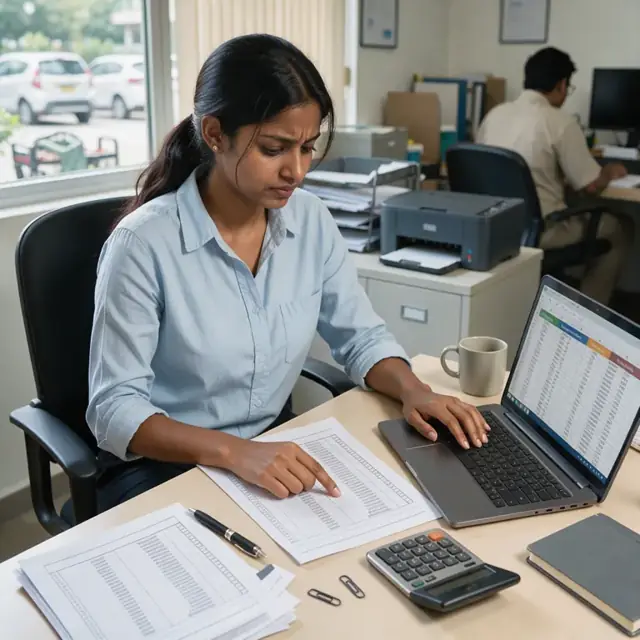 a person comparing printed payroll remittance reports against a membership roster spreadsheet at an office desk