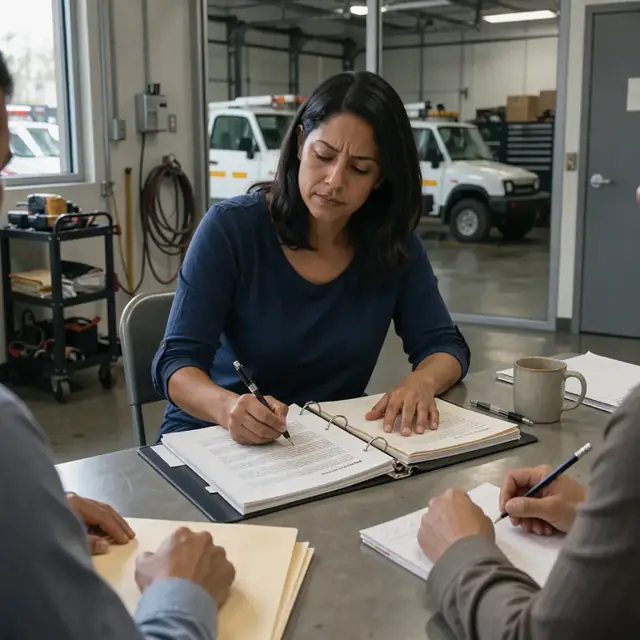 a person at a table reviewing contract language in a binder while taking notes during a grievance meeting