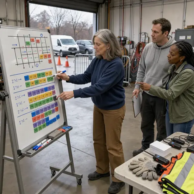 a person standing at a whiteboard mapping out picket line assignments and shift rotations for an upcoming action