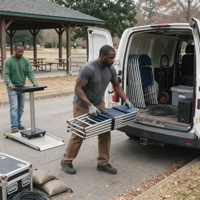 a staff member unloading folding chairs and a portable podium from a van at an empty park pavilion before a rally setup