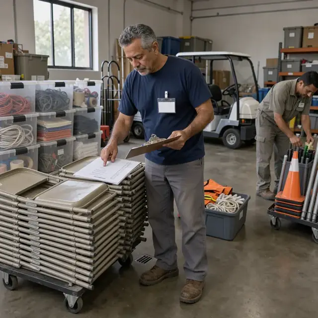 a volunteer checking a clipboard with permit requirements beside stacked folding chairs and event supply bins in a storage room
