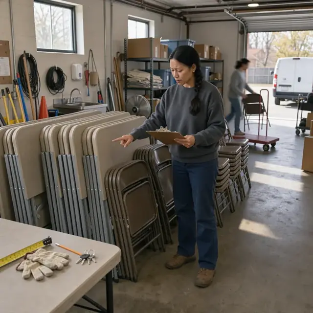 a volunteer counting folding tables and chairs while checking against an inventory list in a church basement storage area