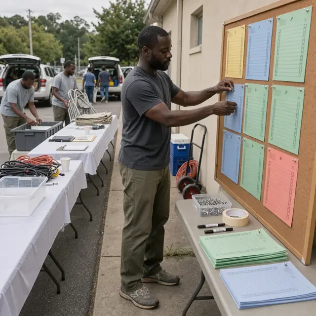 a volunteer organizing color-coded sign-up sheets on a bulletin board beside tables set up for an upcoming community event