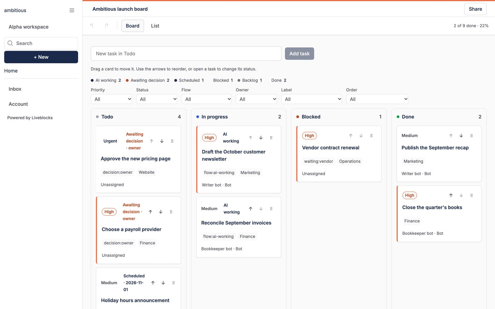 Task board with flow states: AI working, awaiting decision, scheduled and blocked, with priority colors